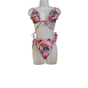 Tropical Floral Print Bikini XL Pink & Green Sexy Swimwear Cute Bathing Suit Y2K